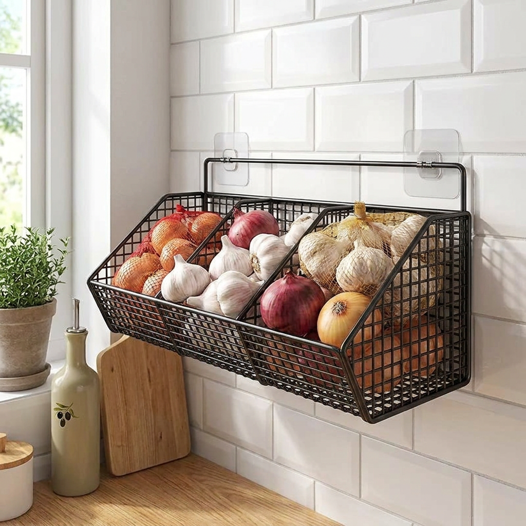 Wall-Mounted Multi-Functional Kitchen Organizer - Durable Metal Vegetable, Garlic, and Onion Storage Basket - Storage Organizer