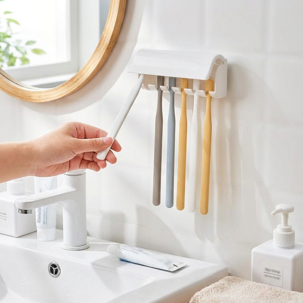 Tooth Brush Holder Wall Mount Device for Dental Brush Punch-free Bathroom Multi-head Toothbrush Holder Removable Washable YSJ004