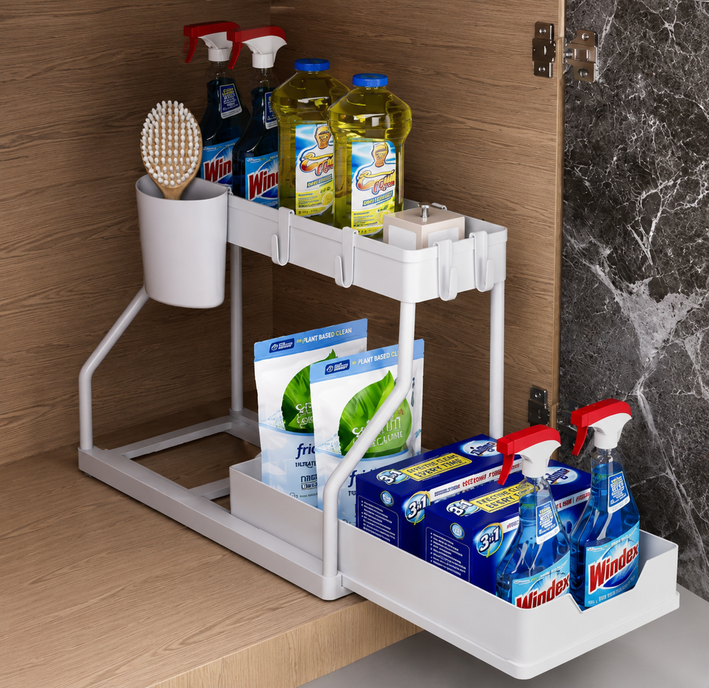 Under Sink Organizer, 2 Tier Sliding Cabinet Drawer for Bathroom and Kitchen, Pull Out Under Sink Storage Shelf, Black or White
