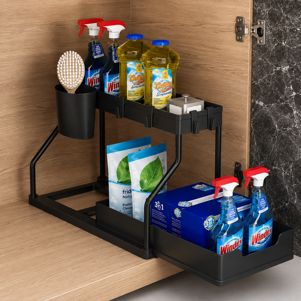 Under Sink Organizer, 2 Tier Sliding Cabinet Drawer for Bathroom and Kitchen, Pull Out Under Sink Storage Shelf, Black or White