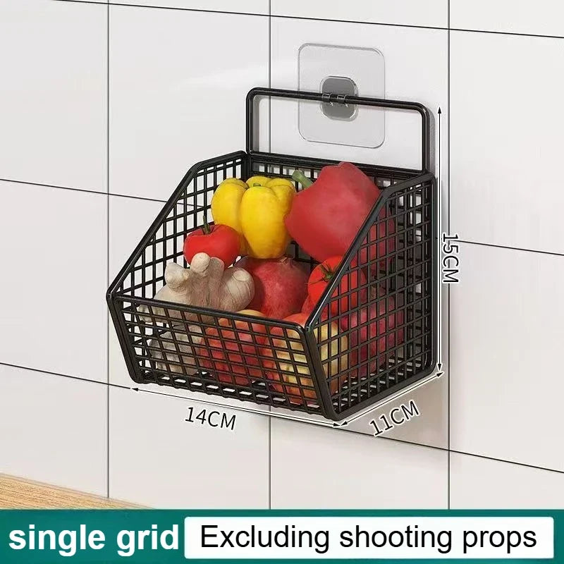 Vegetable Storage Basket, Wall Mounted Metal Rack for Garlic, Onions and Produce, Kitchen Wall Organizer, 1, 2 or 3 Grid, Plastic and Iron