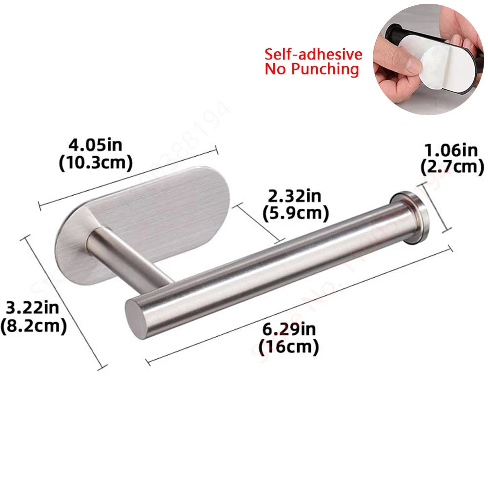 Toilet Paper Holder, No Drill Adhesive Stainless Steel Toilet Roll Holder for Bathroom Wall, Screw Mount Option, Fits Rolls up to 30cm, Silver or Black