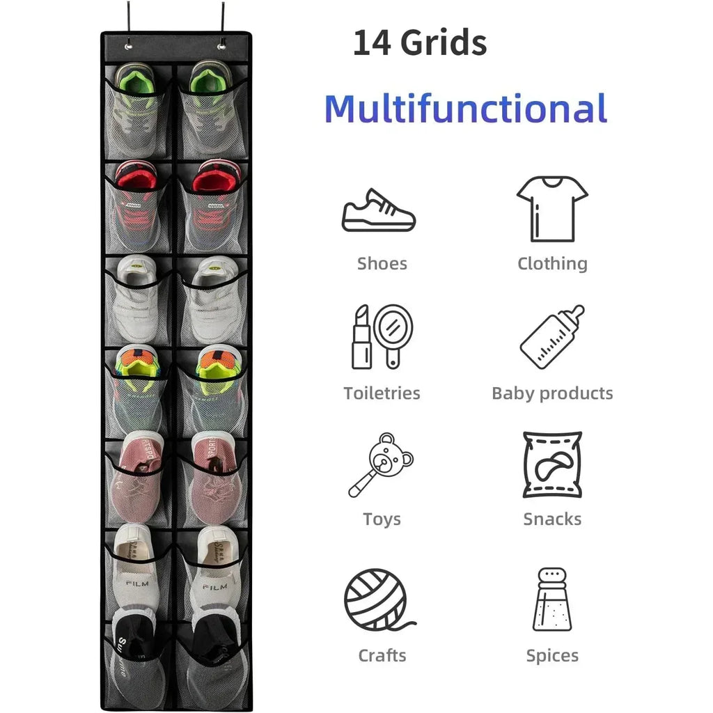 Over the Door Shoe Organizer, Hanging Shoe Rack with 14 or 24 Pockets for Closet, Dorm and Bedroom, No Drill Door Storage, White, Grey or Black