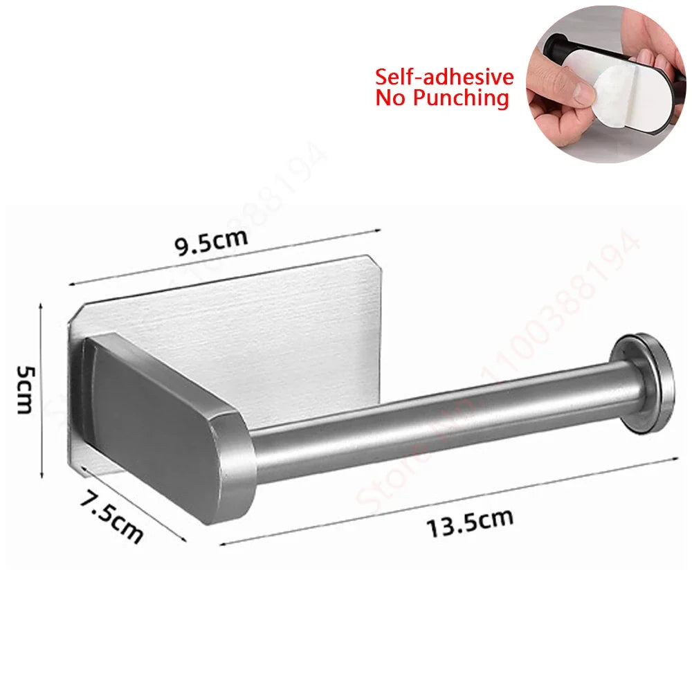 Toilet Paper Holder, No Drill Adhesive Stainless Steel Toilet Roll Holder for Bathroom Wall, Screw Mount Option, Fits Rolls up to 30cm, Silver or Black