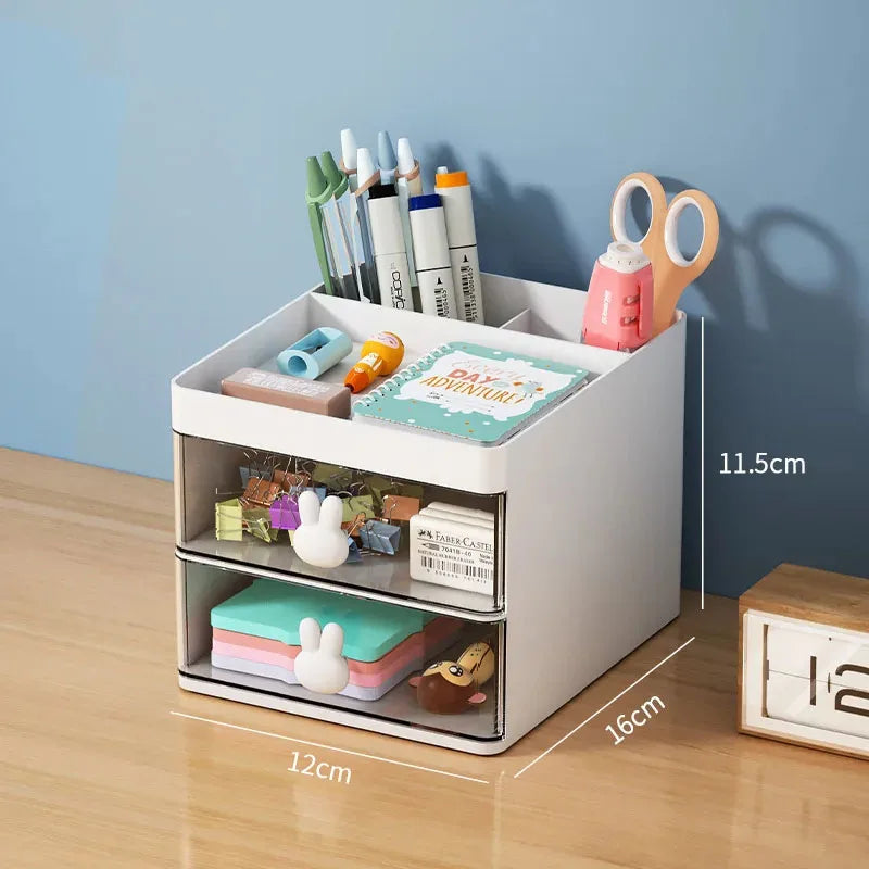 Desk Organizer with Drawer, Small Desktop Storage Box for Office, Home Office and Dorm Desk, Holds Pens, Stationery and Accessories, 16 x 12 x 11.5cm, White