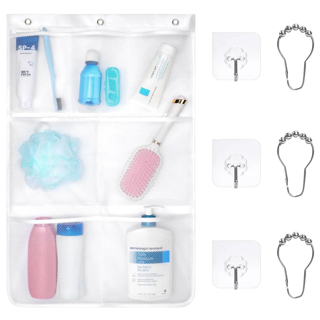 Hanging Shower Organizer Bag, 7 Pocket Mesh Caddy for Shower Rod, Door or Dorm Bathroom, Mesh Toiletry and Shampoo Storage, 65 x 45cm