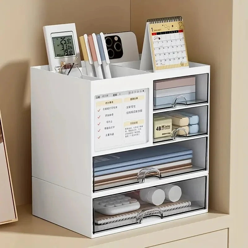 Desktop Organizer with Pen Holder, Desk Storage Box with Drawer and Compartments for Office, Home Office and Study, Stackable Single or Multi Layer, Plastic