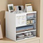 Desktop Organizer with Pen Holder, Desk Storage Box with Drawer and Compartments for Office, Home Office and Study, Stackable Single or Multi Layer, Plastic