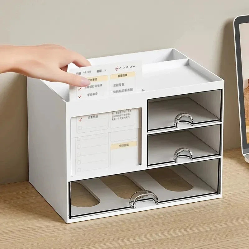 Desktop Organizer with Pen Holder, Desk Storage Box with Drawer and Compartments for Office, Home Office and Study, Stackable Single or Multi Layer, Plastic
