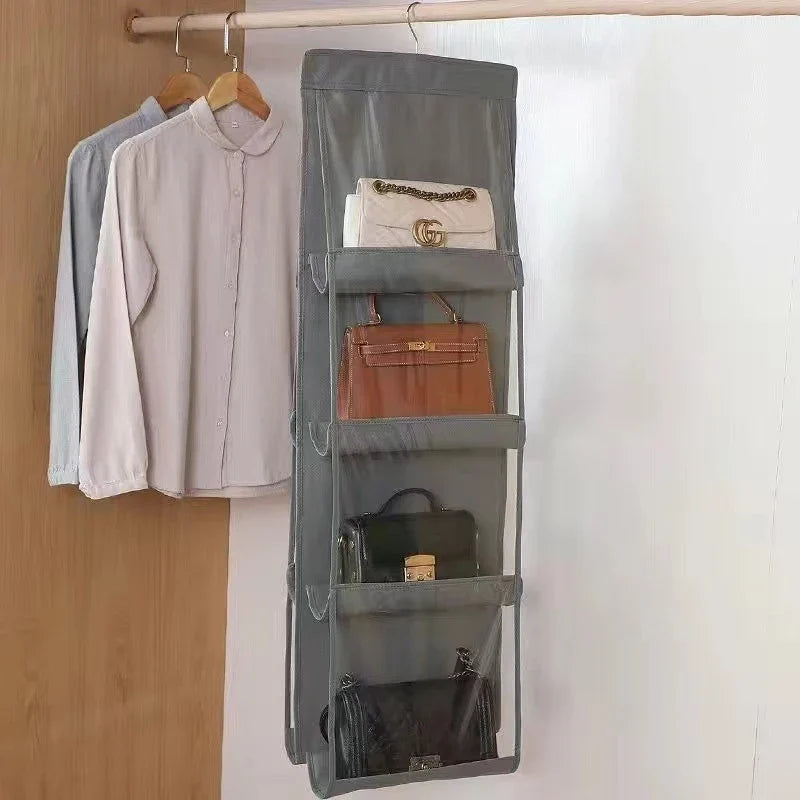 Hanging Purse Organizer for Closet, Handbag Storage with Clear Pockets, Hangs on Closet Rod for Bags and Accessories, 3 or 4 Tier, White, Grey or Black