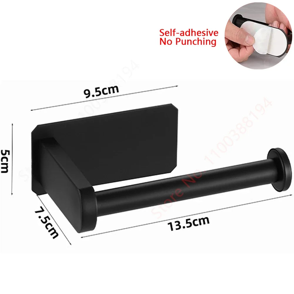 Toilet Paper Holder, No Drill Adhesive Stainless Steel Toilet Roll Holder for Bathroom Wall, Screw Mount Option, Fits Rolls up to 30cm, Silver or Black