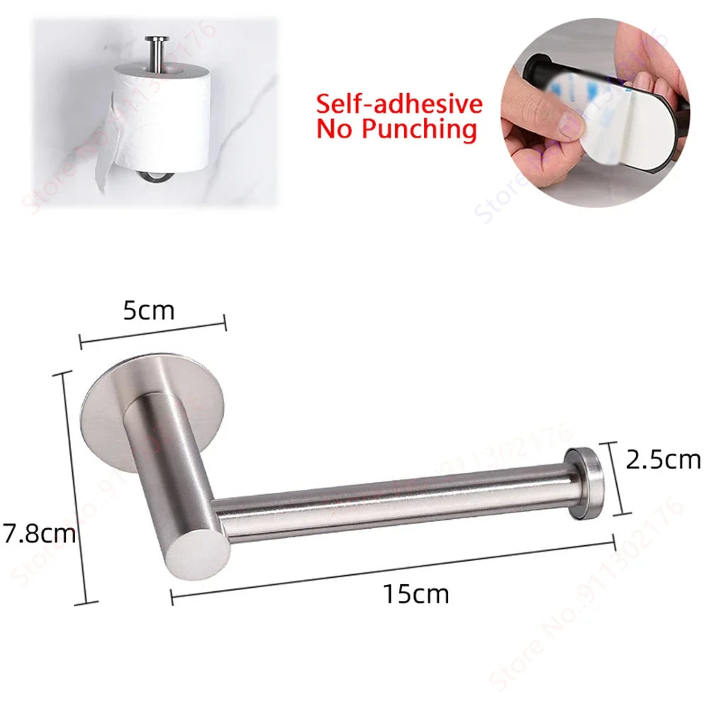 Toilet Paper Holder, No Drill Adhesive Stainless Steel Toilet Roll Holder for Bathroom Wall, Screw Mount Option, Fits Rolls up to 30cm, Silver or Black