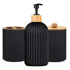 Bathroom Accessories Set, 3 Piece Countertop Organizer with Soap Dispenser, Toothbrush Holder and Cotton Ball Box, Bamboo and Plastic Vanity Set, White or Black