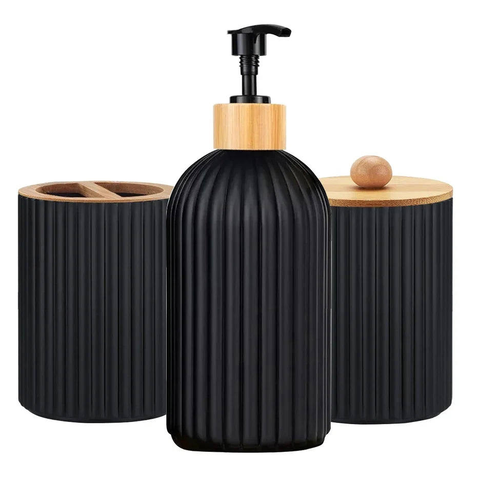 Bathroom Accessories Set, 3 Piece Countertop Organizer with Soap Dispenser, Toothbrush Holder and Cotton Ball Box, Bamboo and Plastic Vanity Set, White or Black