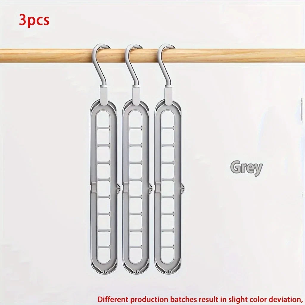 Space Saving Hangers, 3 Pack Foldable 9 Hole Closet Hangers for Clothes, Pants and Scarves, Multi Layer Wardrobe Organizer, Grey or White
