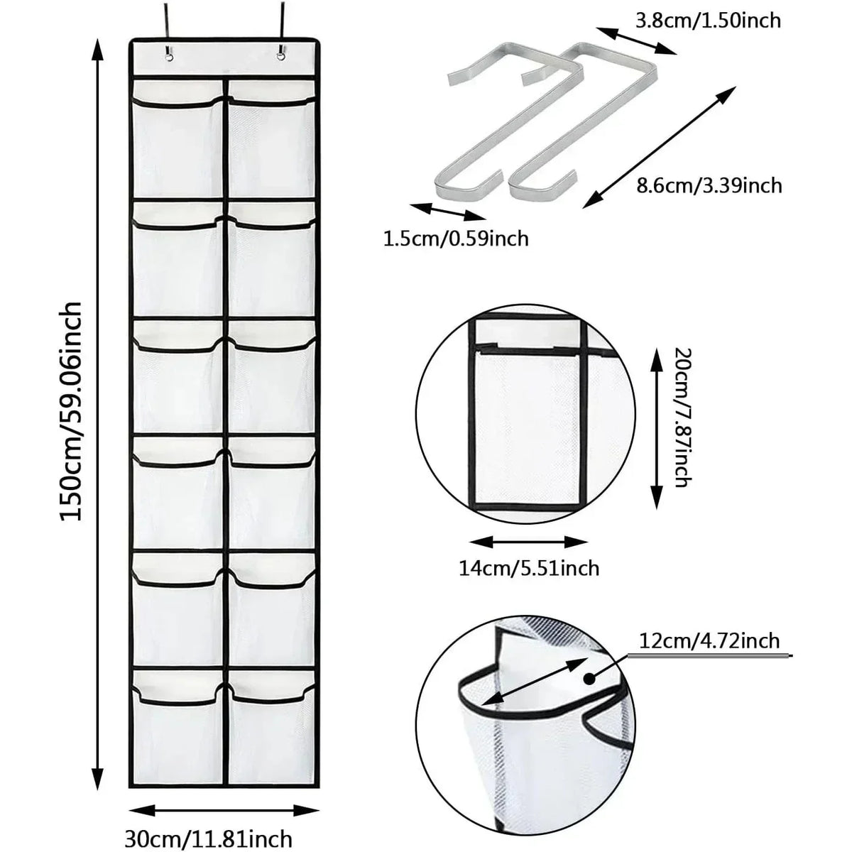 Over the Door Shoe Organizer, Hanging Shoe Rack with 14 or 24 Pockets for Closet, Dorm and Bedroom, No Drill Door Storage, White, Grey or Black