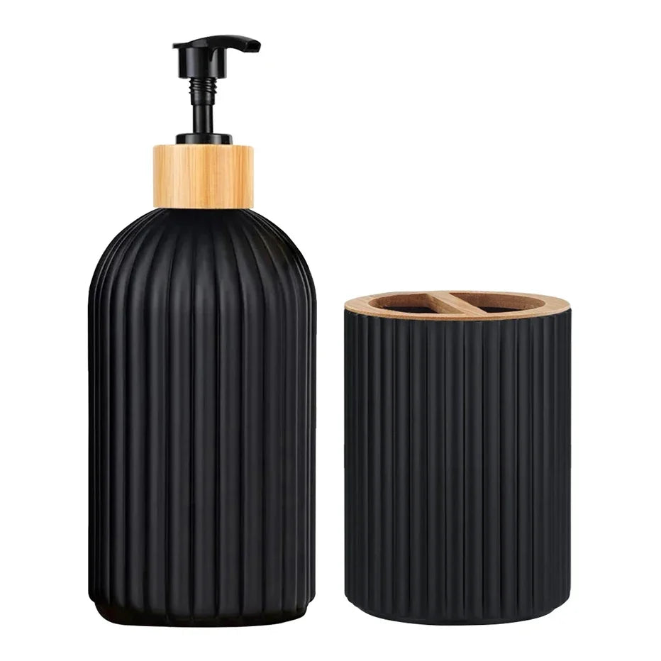 Bathroom Accessories Set, 3 Piece Countertop Organizer with Soap Dispenser, Toothbrush Holder and Cotton Ball Box, Bamboo and Plastic Vanity Set, White or Black
