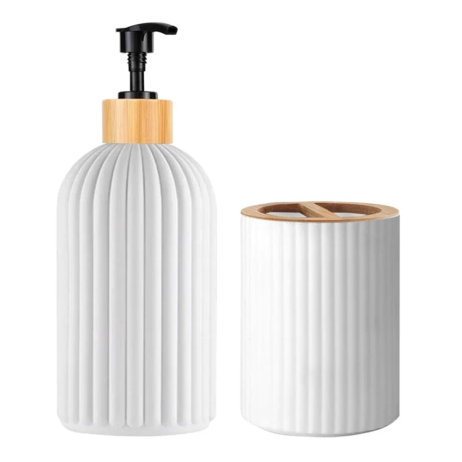 Bathroom Accessories Set, 3 Piece Countertop Organizer with Soap Dispenser, Toothbrush Holder and Cotton Ball Box, Bamboo and Plastic Vanity Set, White or Black