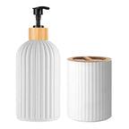 Bathroom Accessories Set, 3 Piece Countertop Organizer with Soap Dispenser, Toothbrush Holder and Cotton Ball Box, Bamboo and Plastic Vanity Set, White or Black