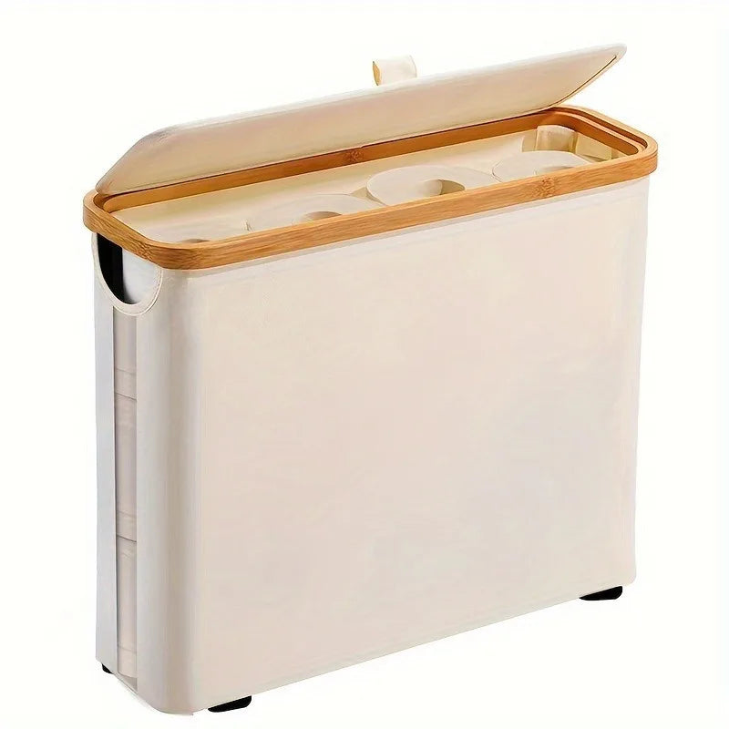 Toilet Paper Storage Basket, Collapsible Bamboo Frame Basket for Bathroom Floor, Holds Toilet Rolls and Towels, Foldable Fabric Liner, White or Black