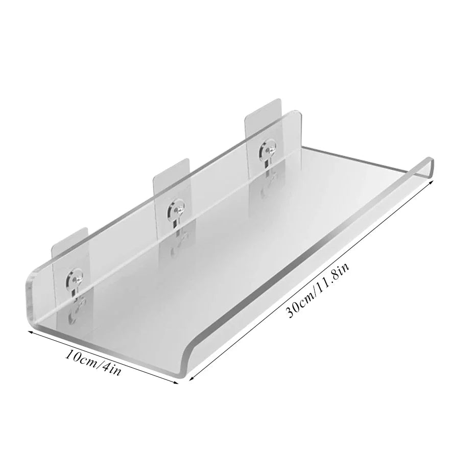 Acrylic Floating Shelf, Clear Self Adhesive Wall Shelf, No Drill Wall Mounted Display Shelf for Bathroom, Bedroom and Living Room, Single Tier, Clear