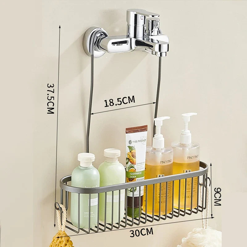 Hanging Shower Caddy, No Drill Aluminium Shower Basket with 2 Hooks, Hangs Over Shower Head or Bar, Shampoo and Soap Organizer, 30cm, Silver, Black or Grey