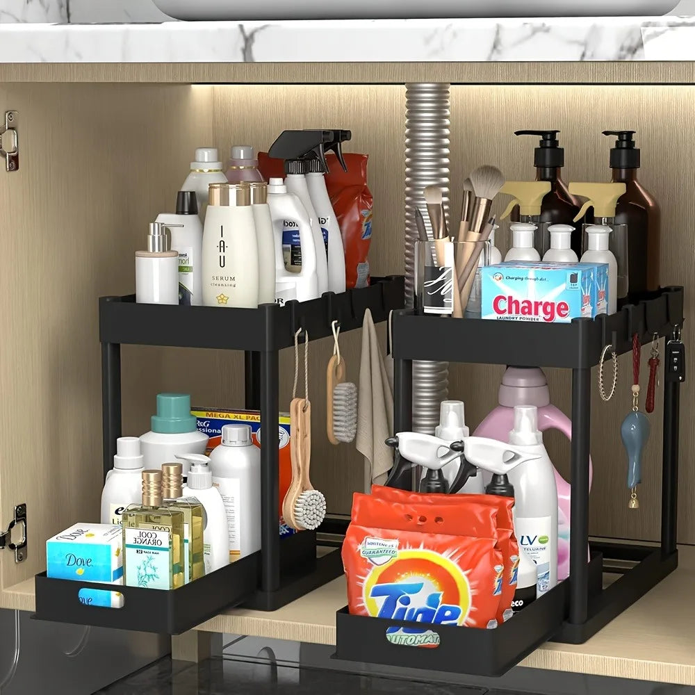 2-tier sliding under-sink organizer for bathroom cabinet