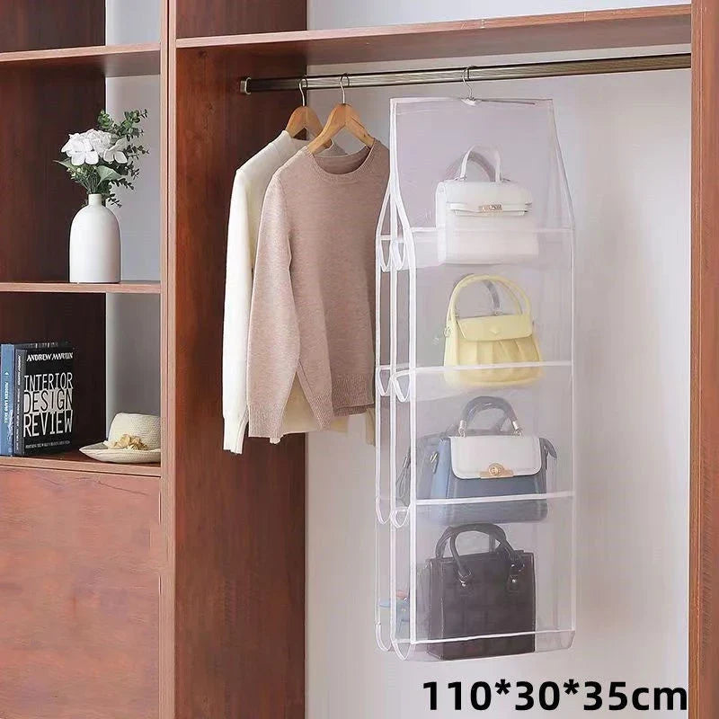 Hanging Purse Organizer for Closet, Handbag Storage with Clear Pockets, Hangs on Closet Rod for Bags and Accessories, 3 or 4 Tier, White, Grey or Black