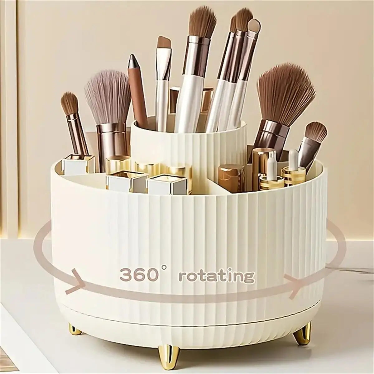 Rotating Makeup Organizer, 360 Degree Spinning Cosmetic Storage Holder for Vanity, Bathroom Countertop and Dresser, 5 Compartments for Brushes and Skincare, Ivory, White or Black