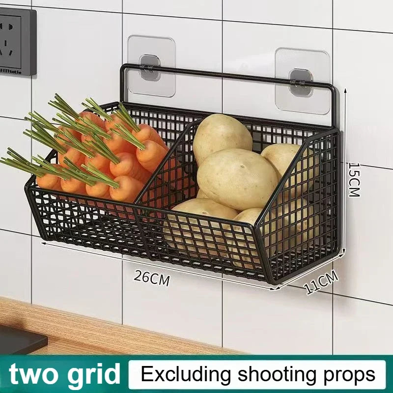 Vegetable Storage Basket, Wall Mounted Metal Rack for Garlic, Onions and Produce, Kitchen Wall Organizer, 1, 2 or 3 Grid, Plastic and Iron