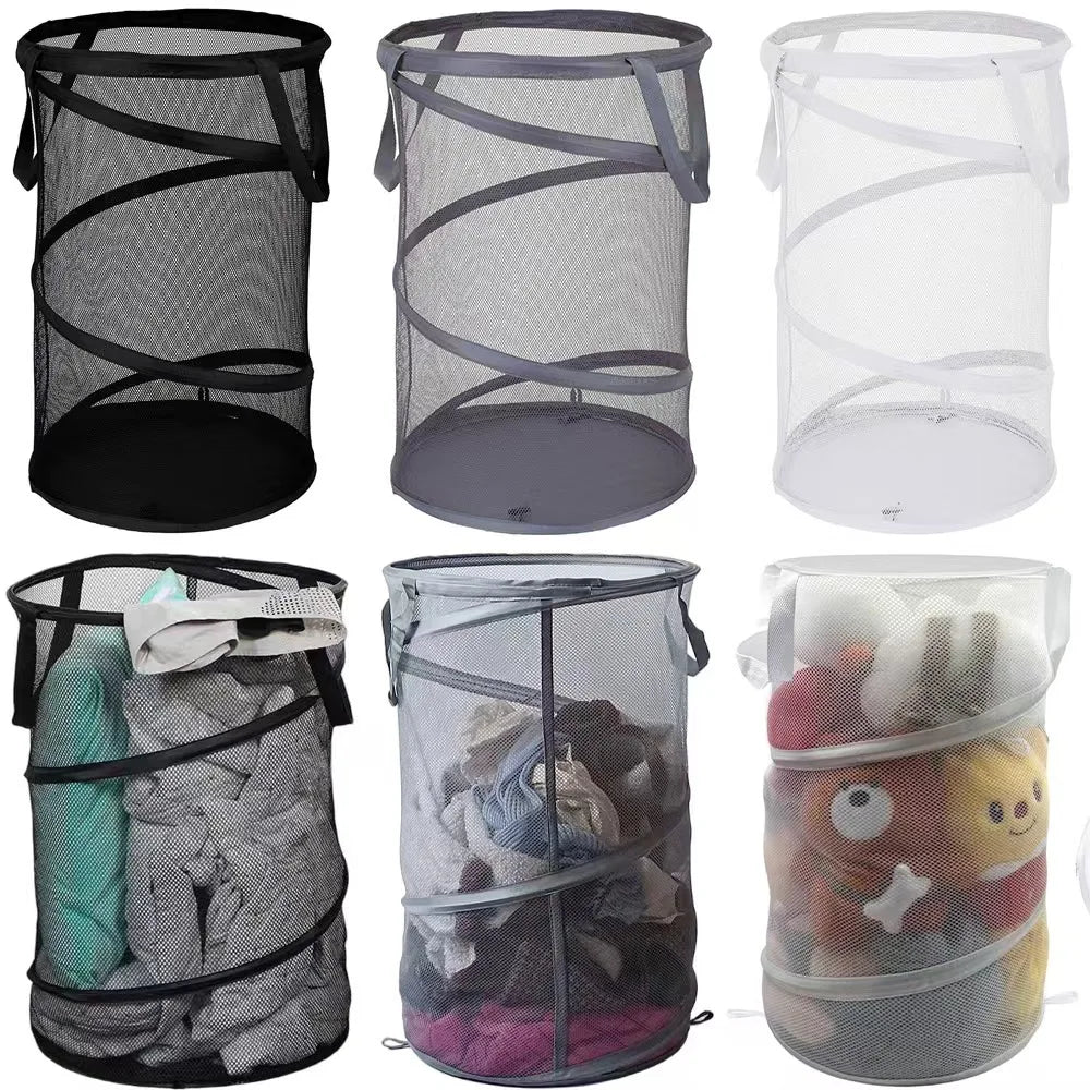 Foldable mesh laundry hamper with handles, 75L, in bedroom setting