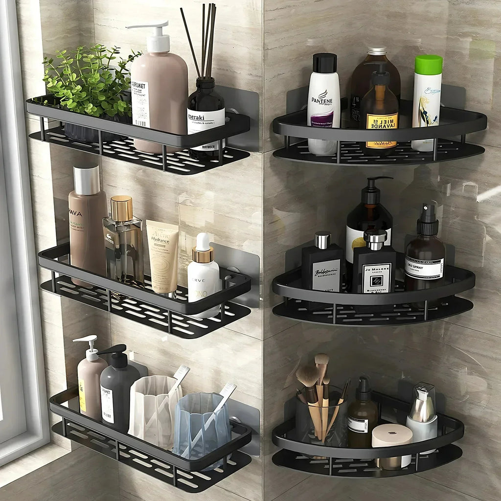 No-drill aluminum wall-mounted shower shelf