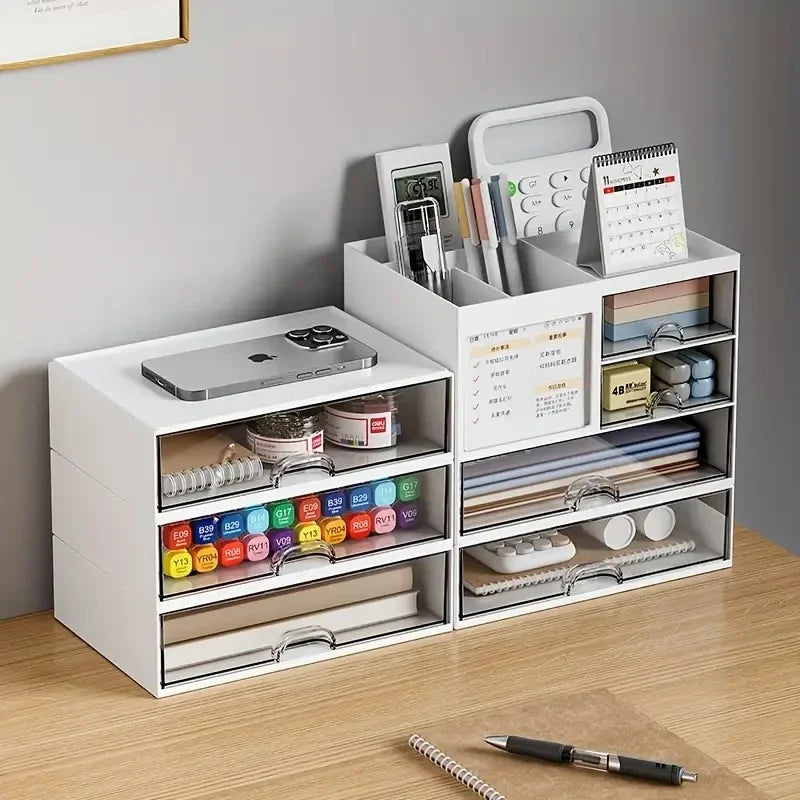 Desktop Organizer with Pen Holder, Desk Storage Box with Drawer and Compartments for Office, Home Office and Study, Stackable Single or Multi Layer, Plastic