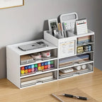 Desktop Organizer with Pen Holder, Desk Storage Box with Drawer and Compartments for Office, Home Office and Study, Stackable Single or Multi Layer, Plastic