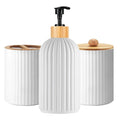 Bathroom Accessories Set, 3 Piece Countertop Organizer with Soap Dispenser, Toothbrush Holder and Cotton Ball Box, Bamboo and Plastic Vanity Set, White or Black