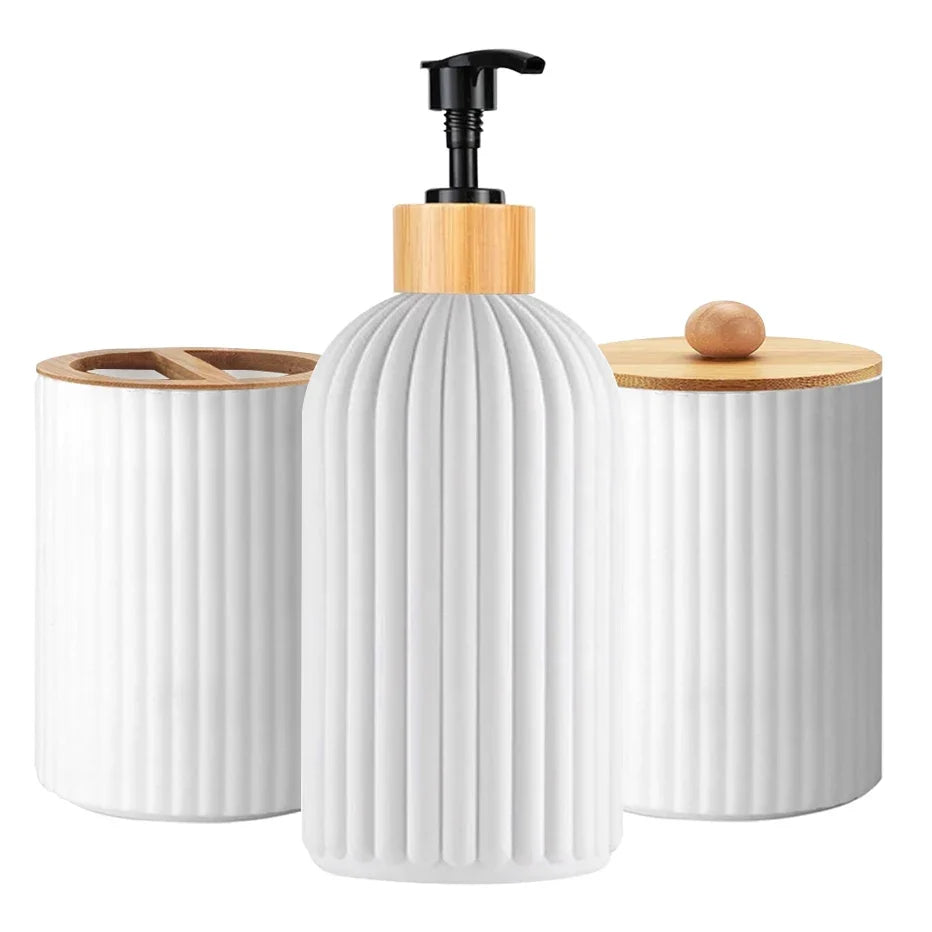 Bathroom Accessories Set, 3 Piece Countertop Organizer with Soap Dispenser, Toothbrush Holder and Cotton Ball Box, Bamboo and Plastic Vanity Set, White or Black