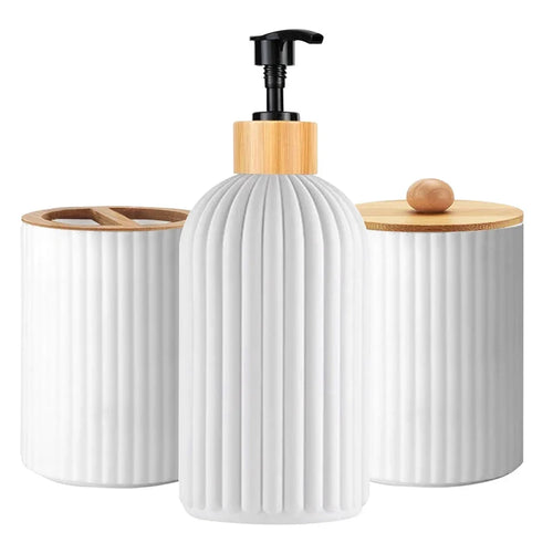 Bathroom Accessories Set, 3 Piece Countertop Organizer with Soap Dispenser, Toothbrush Holder and Cotton Ball Box, Bamboo and Plastic Vanity Set, White or Black