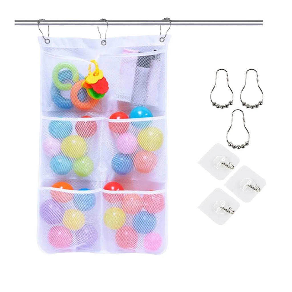 Hanging Shower Organizer Bag, 7 Pocket Mesh Caddy for Shower Rod, Door or Dorm Bathroom, Mesh Toiletry and Shampoo Storage, 65 x 45cm