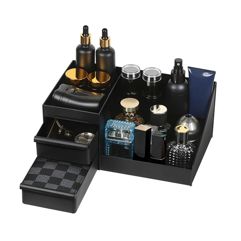 Men's cologne organizer with drawers for bathroom vanity