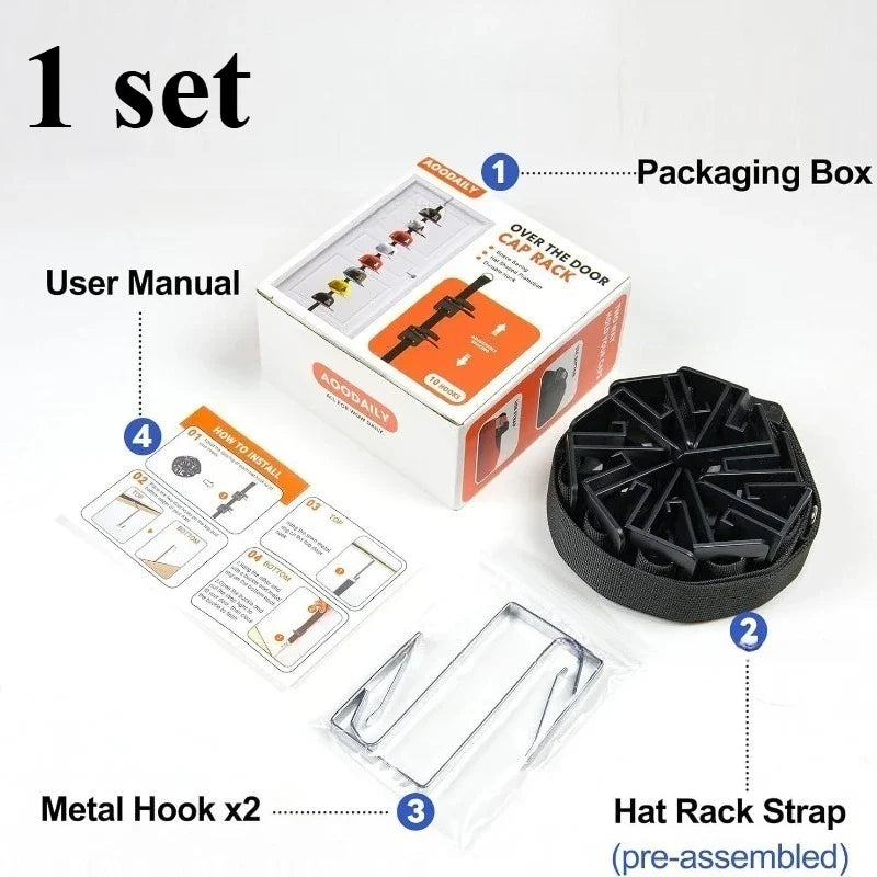 Over the Door Hat Rack, Cap Organizer with 8 Clips for Baseball Caps, No Drill Door Hanging Hat Holder for Closet and Bedroom, ABS Plastic