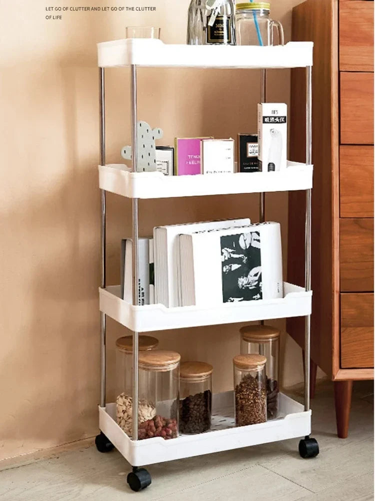 Slim Rolling Storage Cart, 3 or 4 Tier Narrow Gap Organizer with Wheels for Bathroom, Kitchen and Laundry, Space Saving Trolley, Black or White