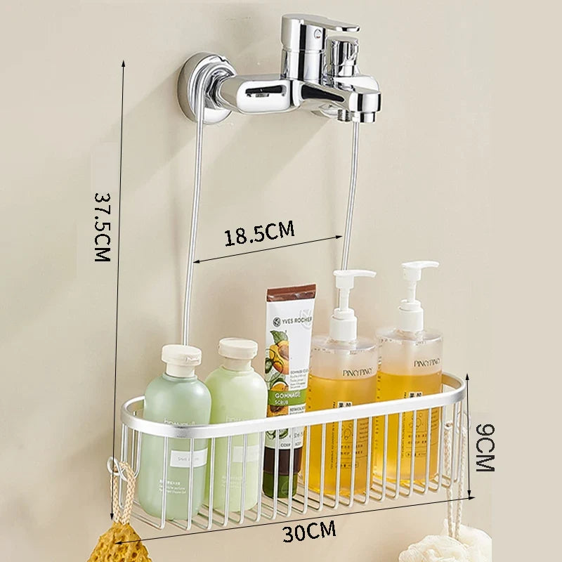 Hanging Shower Caddy, No Drill Aluminium Shower Basket with 2 Hooks, Hangs Over Shower Head or Bar, Shampoo and Soap Organizer, 30cm, Silver, Black or Grey