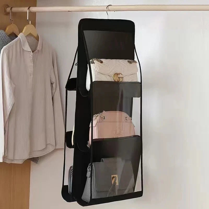 Hanging Purse Organizer for Closet, Handbag Storage with Clear Pockets, Hangs on Closet Rod for Bags and Accessories, 3 or 4 Tier, White, Grey or Black