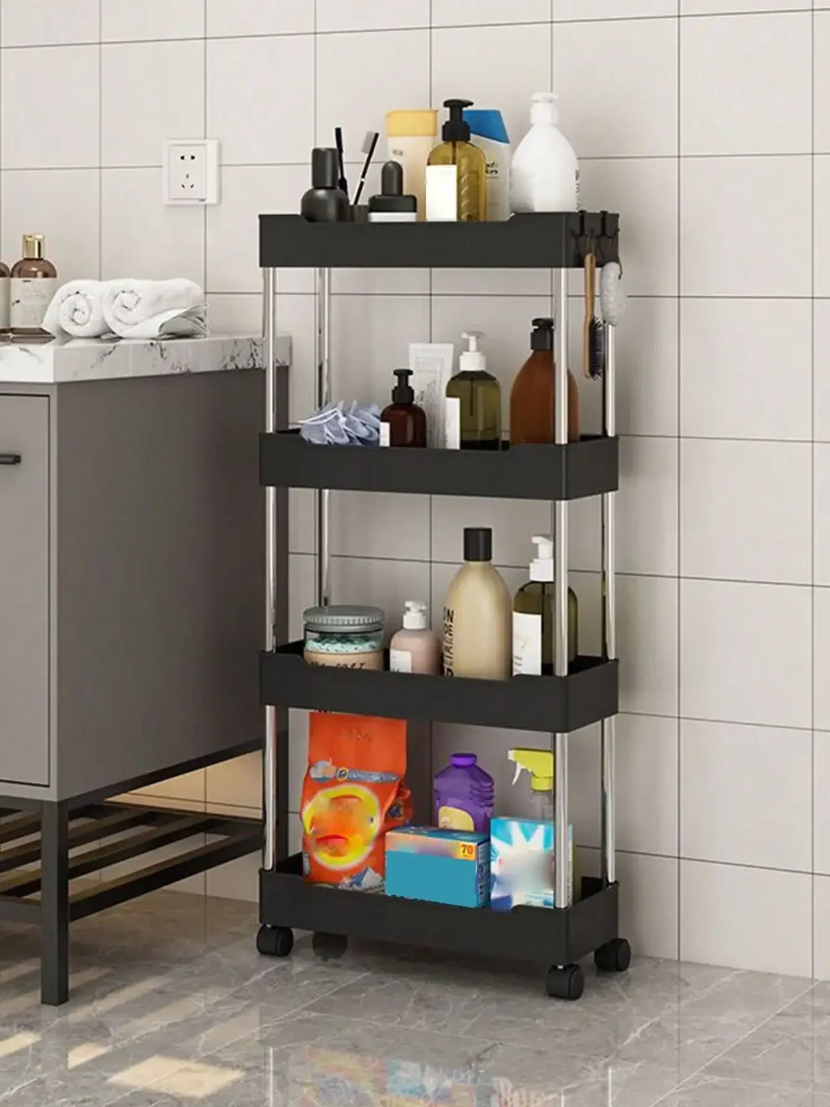 Slim Rolling Storage Cart, 3 or 4 Tier Narrow Gap Organizer with Wheels for Bathroom, Kitchen and Laundry, Space Saving Trolley, Black or White