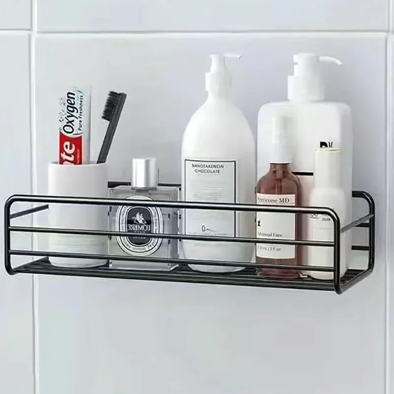 Floating Shelf, Adhesive No Drill Metal Wall Shelf for Bathroom, Kitchen and Bedroom, Wall Mounted Storage Rack, Rectangle or Triangle, Black or White