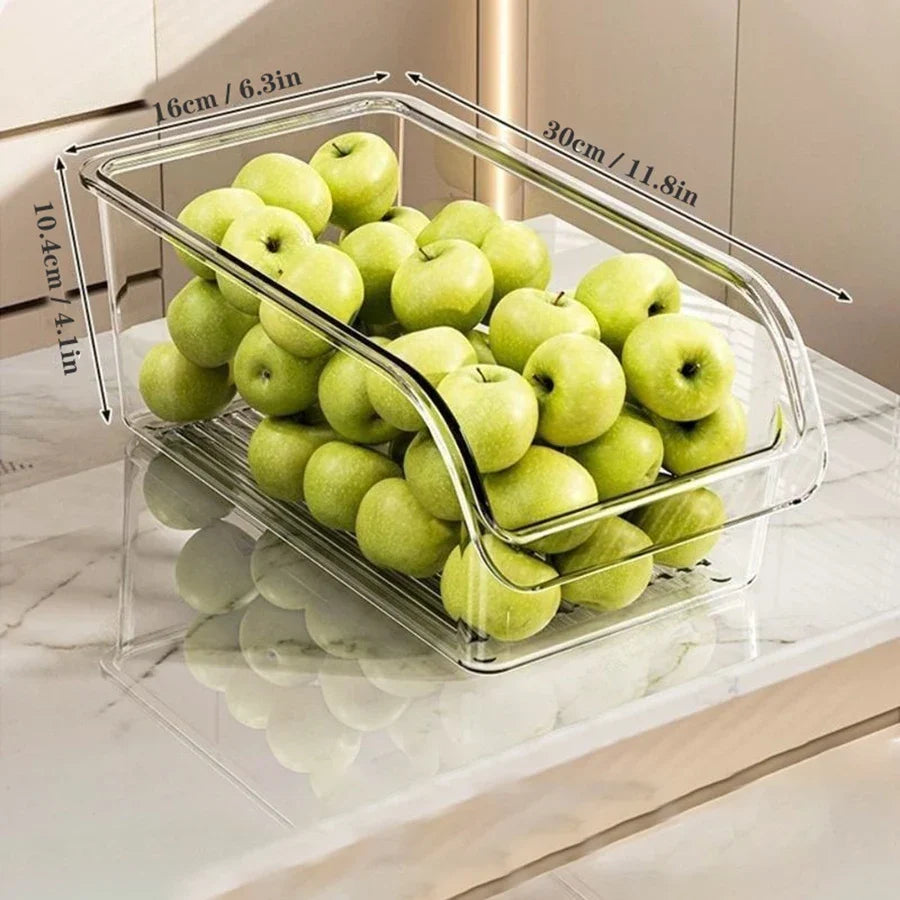 Fridge Organizer Bin with Drain Tray, Clear Refrigerator Storage Container for Fruit, Vegetables and Drinks, Kitchen and Pantry Organizer, Clear Plastic