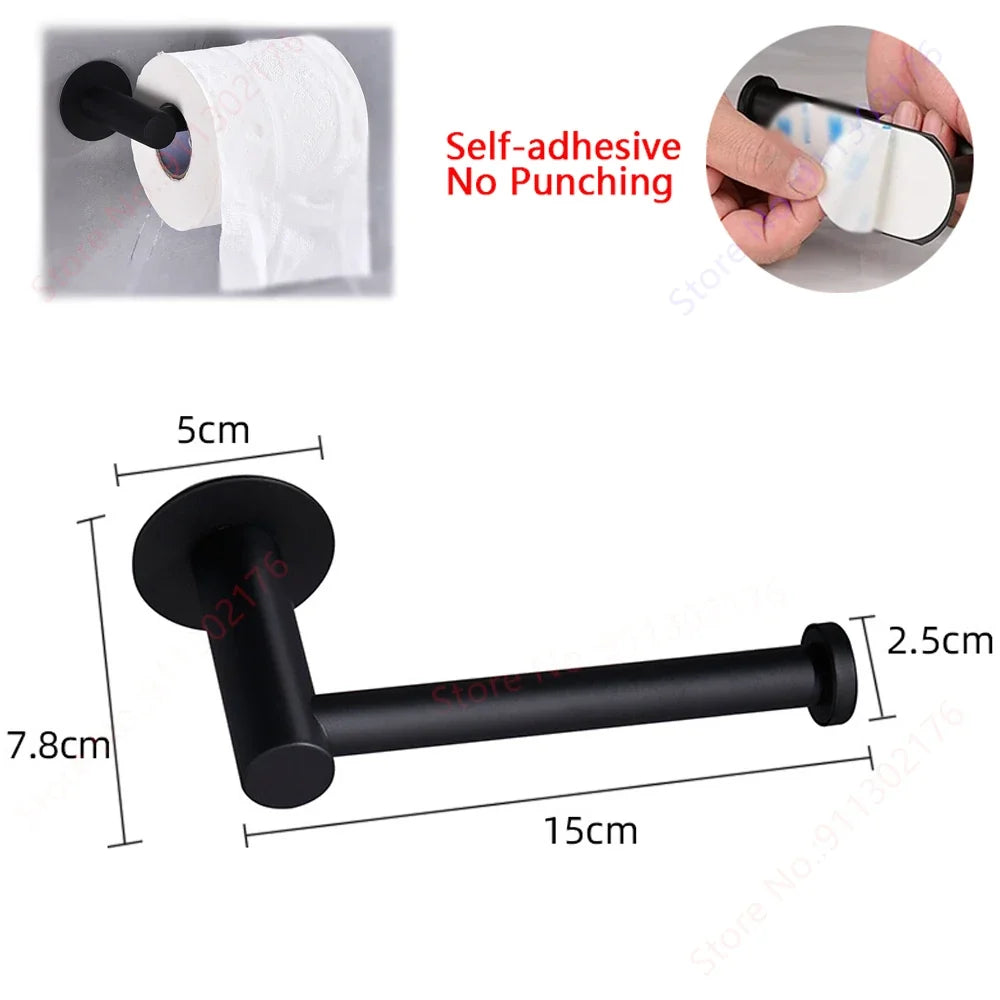 Toilet Paper Holder, No Drill Adhesive Stainless Steel Toilet Roll Holder for Bathroom Wall, Screw Mount Option, Fits Rolls up to 30cm, Silver or Black