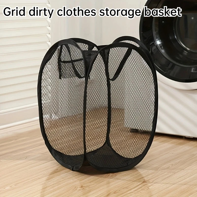 Foldable pop-up mesh laundry basket with handle