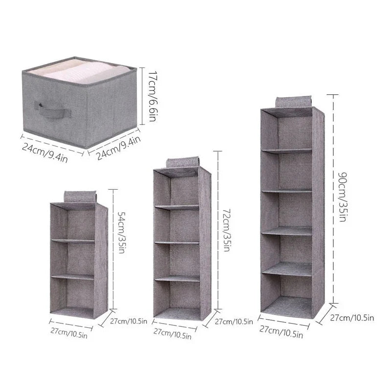 Hanging Closet Organizer with Shelves, Foldable Fabric Wardrobe Storage for Clothes, Sweaters and Accessories, Hangs on Closet Rod, 3, 4 or 5 Tier, Light Grey