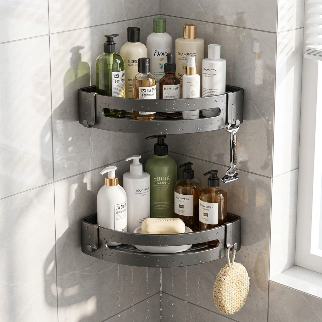 2pcs No-Drill Wall-Mounted Corner Shelf - Durable ABS Bathroom Storage Rack for Sink, Toilet, and Shower Organization